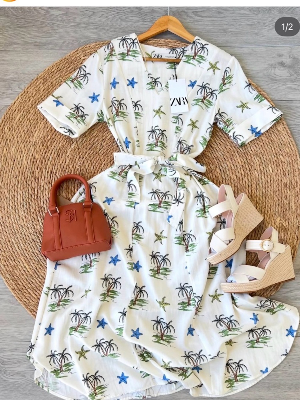 Zara Starfish Palm Tree Linen Viscose Midi Dress